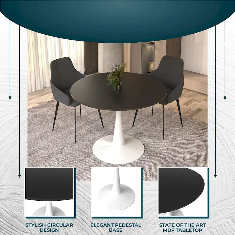 Cette table à manger ronde peut accueillir quatre personnes et dispose d'un plateau en bois MDF et d'une base en acier blanc, la rendant adaptée aux cuisines comme aux salles à manger.