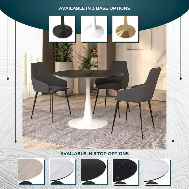 Cette table à manger ronde peut accueillir quatre personnes et dispose d'un plateau en bois MDF et d'une base en acier blanc, la rendant adaptée aux cuisines comme aux salles à manger.