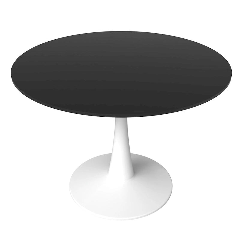 Cette table à manger ronde peut accueillir quatre personnes et dispose d'un plateau en bois MDF et d'une base en acier blanc, la rendant adaptée aux cuisines comme aux salles à manger.