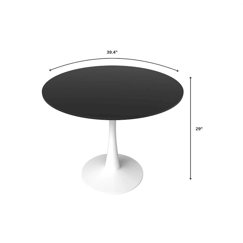 Cette table à manger ronde peut accueillir quatre personnes et dispose d'un plateau en bois MDF et d'une base en acier blanc, la rendant adaptée aux cuisines comme aux salles à manger.