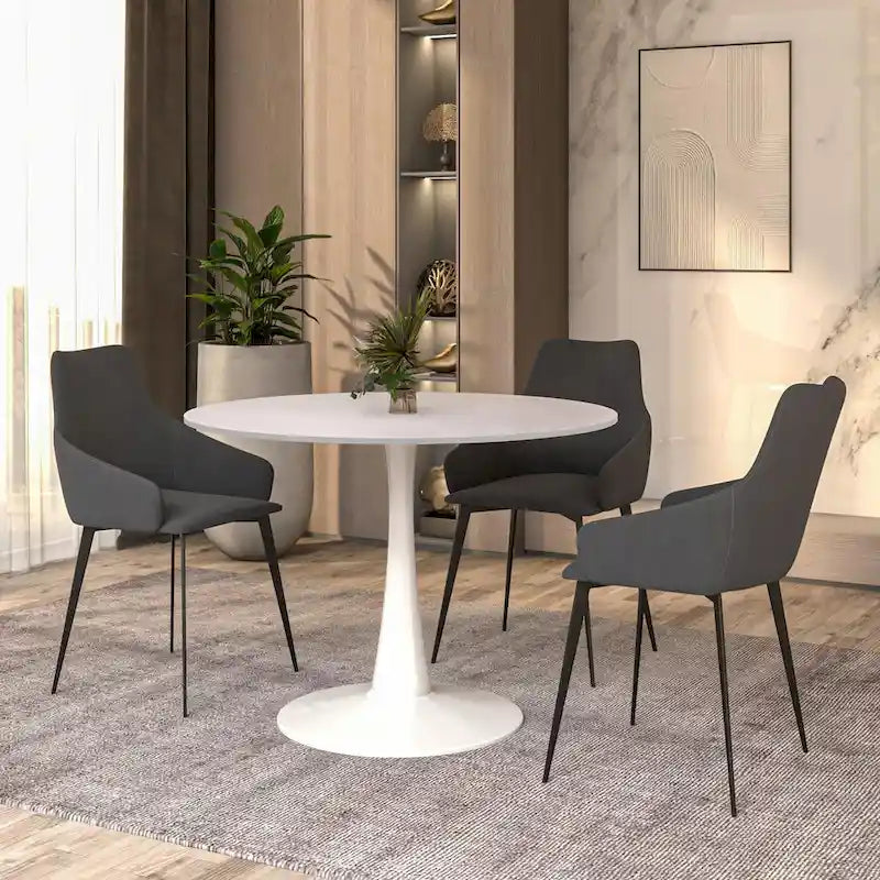 Cette table à manger ronde peut accueillir quatre personnes et dispose d'un plateau en bois MDF et d'une base en acier blanc, la rendant adaptée aux cuisines comme aux salles à manger.