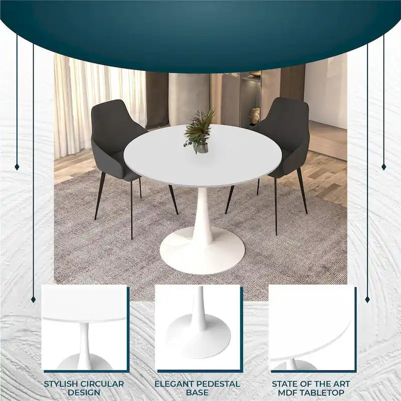 Cette table à manger ronde peut accueillir quatre personnes et dispose d'un plateau en bois MDF et d'une base en acier blanc, la rendant adaptée aux cuisines comme aux salles à manger.