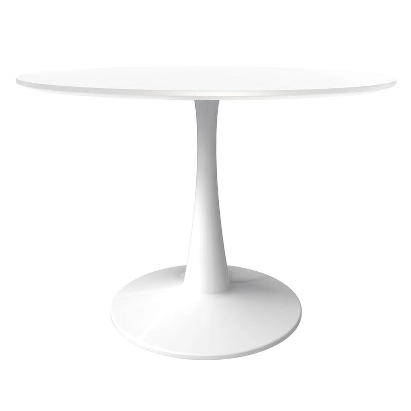 Cette table à manger ronde peut accueillir quatre personnes et dispose d'un plateau en bois MDF et d'une base en acier blanc, la rendant adaptée aux cuisines comme aux salles à manger.