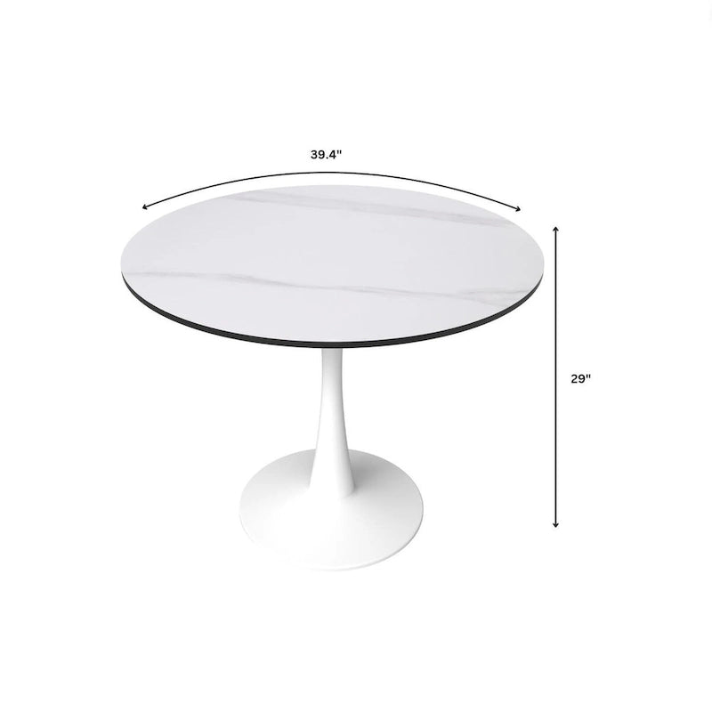 Cette table à manger ronde peut accueillir quatre personnes et dispose d'un plateau en bois MDF et d'une base en acier blanc, la rendant adaptée aux cuisines comme aux salles à manger.