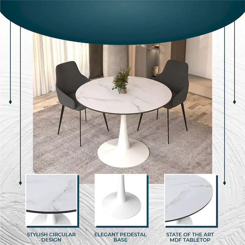 Cette table à manger ronde peut accueillir quatre personnes et dispose d'un plateau en bois MDF et d'une base en acier blanc, la rendant adaptée aux cuisines comme aux salles à manger.