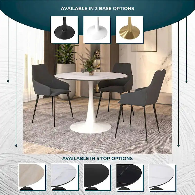 Cette table à manger ronde peut accueillir quatre personnes et dispose d'un plateau en bois MDF et d'une base en acier blanc, la rendant adaptée aux cuisines comme aux salles à manger.