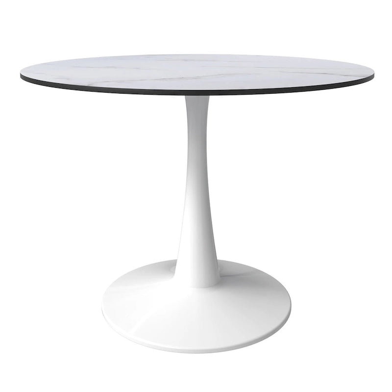 Cette table à manger ronde peut accueillir quatre personnes et dispose d'un plateau en bois MDF et d'une base en acier blanc, la rendant adaptée aux cuisines comme aux salles à manger.