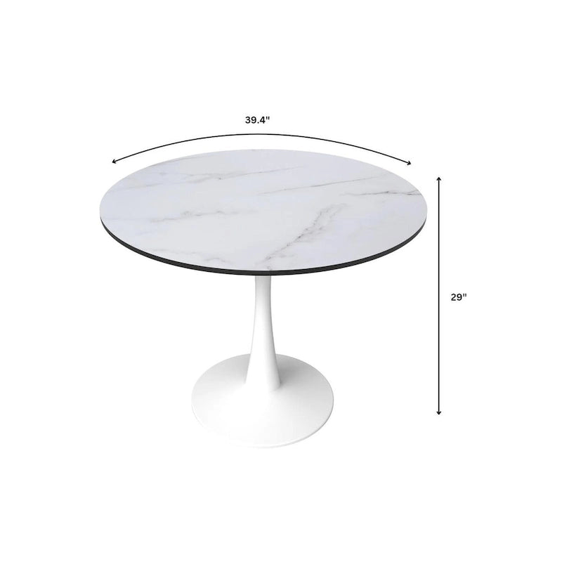Cette table à manger ronde peut accueillir quatre personnes et dispose d'un plateau en bois MDF et d'une base en acier blanc, la rendant adaptée aux cuisines comme aux salles à manger.